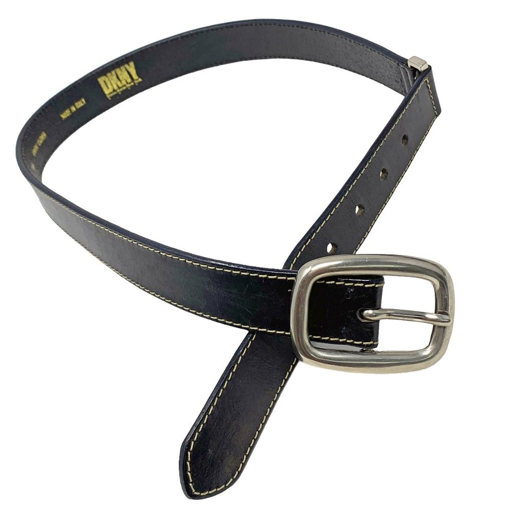DKNY Donna Karan NY Black Leather with Blue Trim Belt Made in Italy‎